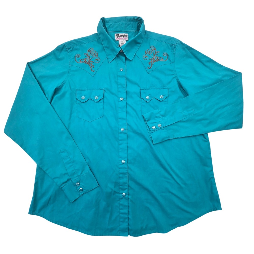 Wrangler Womens Embroidered Pearl Snap Button Up Shirt Size XXL Western Rodeo